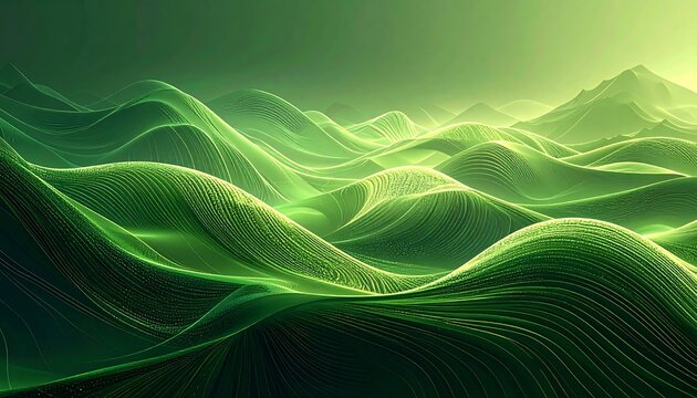 An abstract landscape of rolling hills bathed in gradient shades of verdant green, with light emanating from a bright horizon