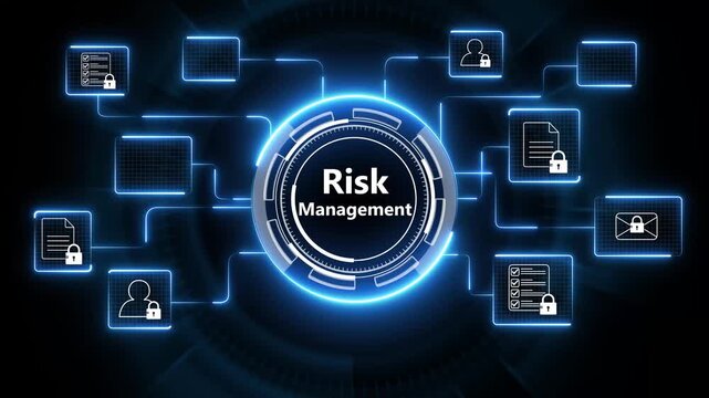 Business Risk Management and financial performance analysis shown on a digital dashboard with various charts and graphs. 4K animated isolated on transparent background.