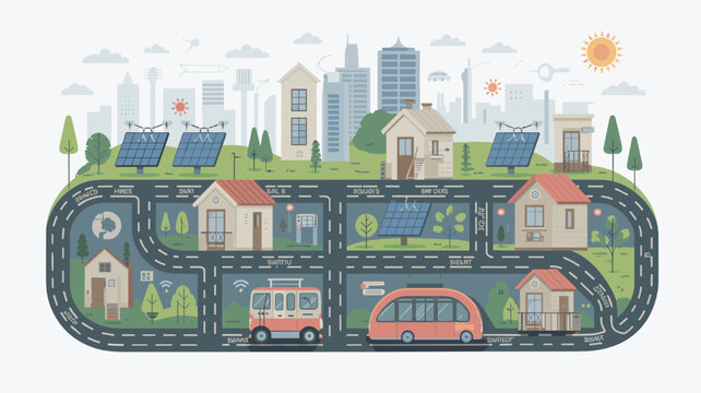 Autonomous vehicles navigate a winding road loop through a small town area featuring several large solar array installations and modern housing blocks.