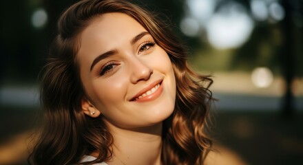 Fototapeta premium Beautiful young woman smiling with wavy hair outdoors in soft natural light.