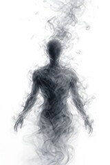 Fototapeta premium Surreal human silhouette formed by swirling grey smoke wisps creates a mysterious ethereal figure standing against a plain white background in this artistic conceptual digital illustration