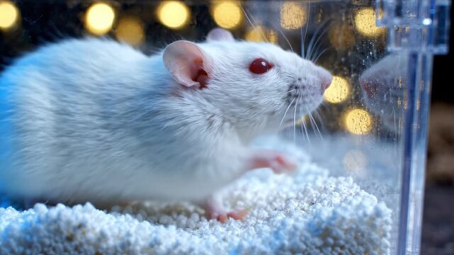 White albino rat sniffing and touching glass enclosure against yellow bokeh background