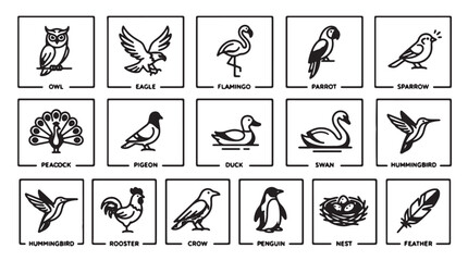Fototapeta premium Minimalist bird icon set, 15 black line art bird symbols, modern avian vector illustrations for educational infographics and nature branding