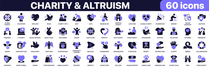 Fototapeta premium Charity and altruism icon collection in purple colored style. Includes volunteering, donations, humanitarian aid, community support and kindness icons in flat fill style