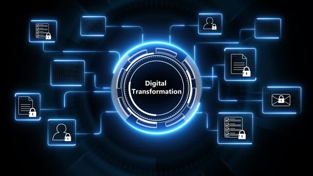 Concept of digitization of business processes and modern technology. Digital transformation 4K animated isolated on transparent background.