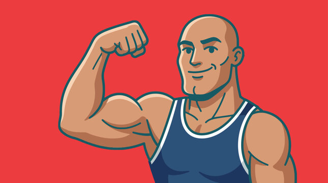 Strong bald man flexing biceps