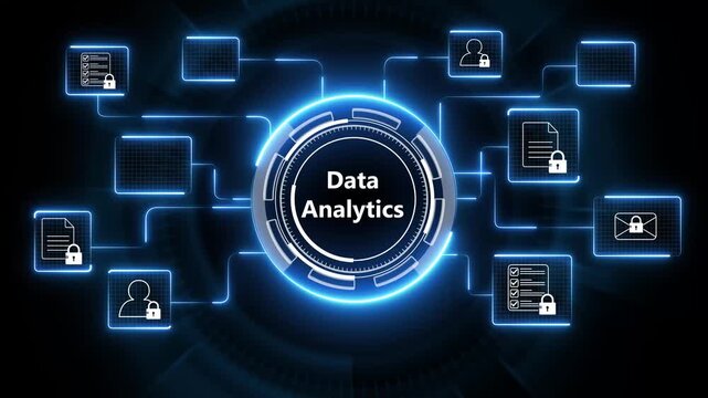 Neon blue data nodes connected in network flow diagram representing data analytics and digital transformation abstract concept with glowing lines and futuristic technology theme. 4k animated .