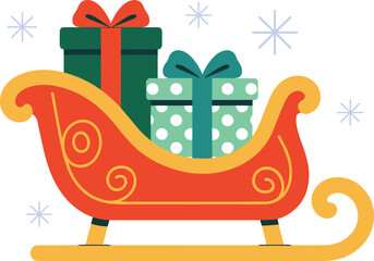 Naklejka premium Watercolor Christmas sleigh vector illustration with hand drawn winter gifts and snowflakes on white
