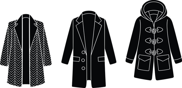 Set of elegant winter coats including a herringbone pattern overcoat classic trench coat and hooded duffle jacket vector silhouette