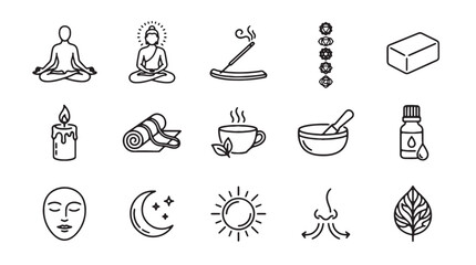 Fototapeta premium Yoga and meditation line icon set, 15 wellness and mindfulness vector elements, zen lifestyle symbols for spa and mental health branding