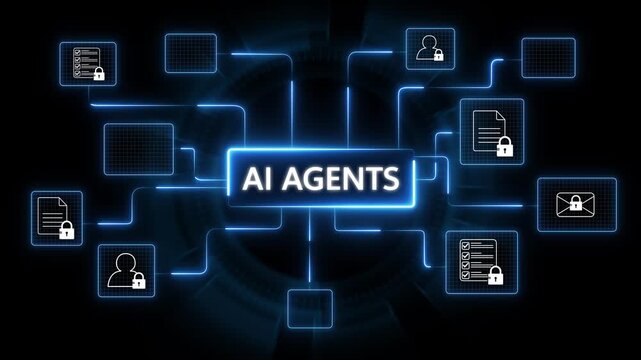 Ai agents with neon tool mini box. Blue color animation on transparent  background. 