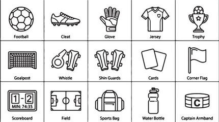 Soccer icon set with 15 football line icons, professional sports equipment vector collection, thin line athletic gear symbols for web and app design © Rosie