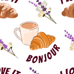 Seamless French breakfast pattern with croissants, coffee cup, lavender flowers, and Bonjour lettering, for cafe branding, bakery packaging, textiles, wrapping paper, kitchen decor.Vector illustration © Ilonka eva