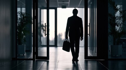 Fototapeta premium Silhouette of a businessman with a briefcase walking out the door of a dark office.
