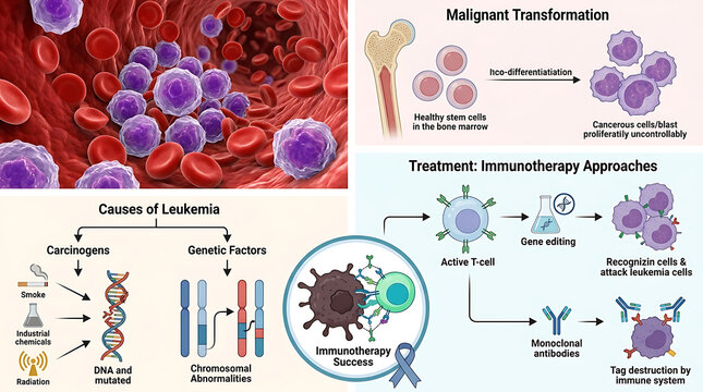 Microscopic medical illustration of leukemia malignant cells spreading in human bloodstream, visualizing oncology pathology, genetic mutation, and immunotherapy treatment for cancer disease.