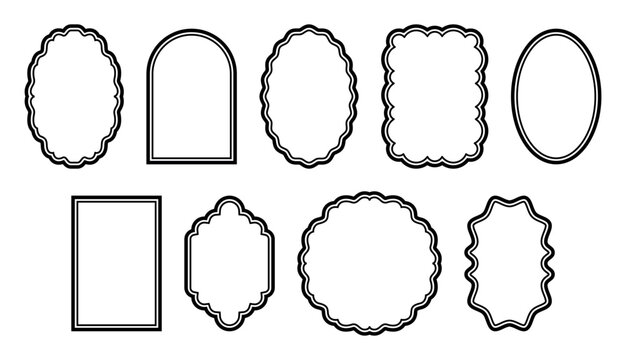 Assorted vintage label frames with scalloped edges, oval and arch forms, decorative borders and refined outlines suitable for packaging, invitations, certificates and creative branding work