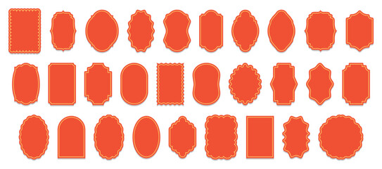 Bright red decorative label frame collection featuring vintage badge shapes, elegant borders and versatile templates for packaging, branding, promotions, stickers and creative design project © SpainArts