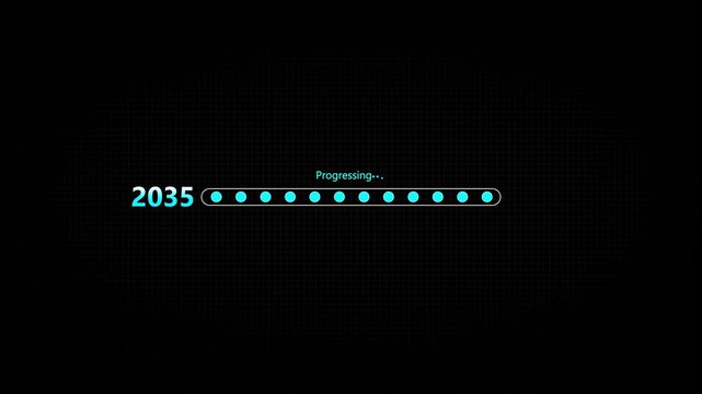 Businessman touching digital progress bar from 2035 to 2036 symbolizing future planning, strategic transition, innovation, and growth with focus on leadership, success,4k animation on black background