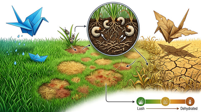 Close-up of diseased lawn grass showcasing landscaping problems including brown patches, chinch bug damage, root larva infestation, and drought stress in a suburban garden turf landscape.