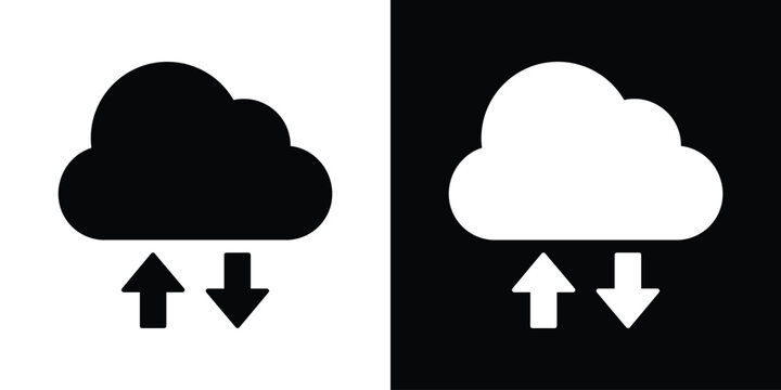 Cloud data transfer vector icon with up and down arrows. Black and white web sync symbol for upload, download, and file sharing.