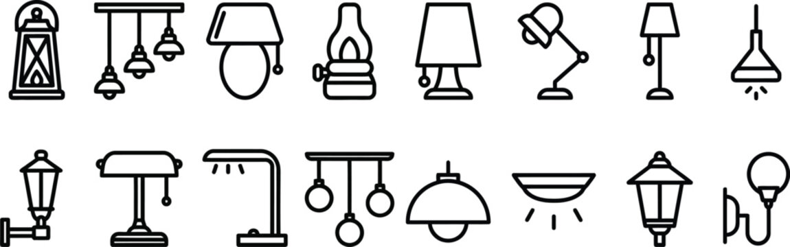 lamp collection black and white line art lighting symbols set
