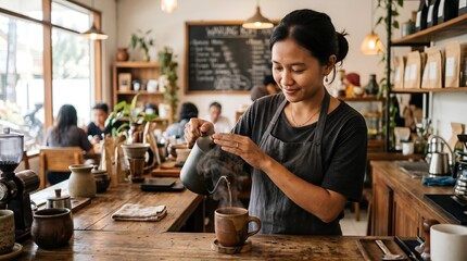 Fototapeta premium local asian woman barista pouring black coffee into a ceramic cup in a cozy cafe