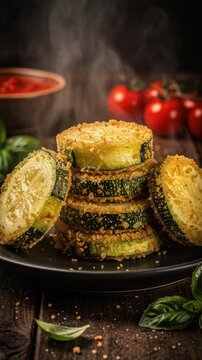 Crispy golden fried zucchini slices stacked on plate with fresh tomatoes and basil in background