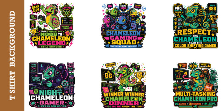 Chameleon gaming squad together we blend and carry vector with funny colorful lizard friends.