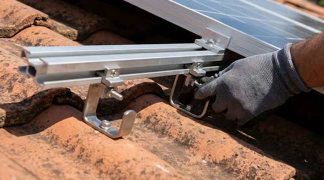 Detailed close-up of robust metal mounting hardware and aluminum rail fixtures securing solar panels onto a ceramic tiled roof, showcasing professional photovoltaic system installation techniques.