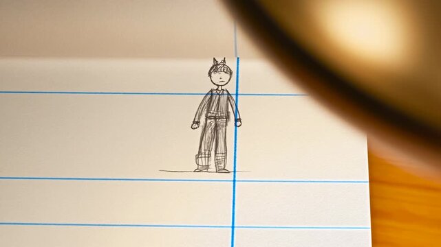 Hand-drawn stick figure on lined notebook paper