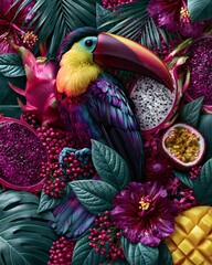 Fototapeta premium Vibrant Toucan Amidst Exotic Fruit and Tropical Flora in Lush Setting