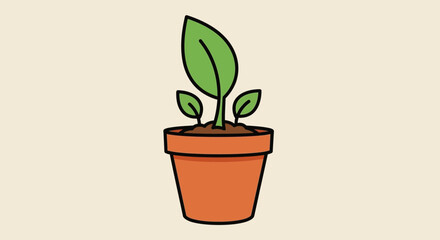 Obraz premium A Simple Cartoon Illustration of a Potted Plant with Green Leaves on a Light Background
