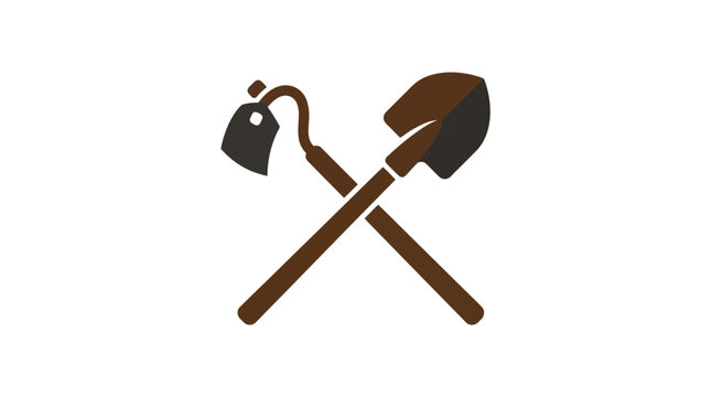 A simple illustration of a crossed shovel and a garden hoe on a white background