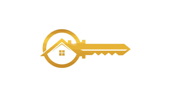 A golden key emblem integrating a house, representing property and real estate access