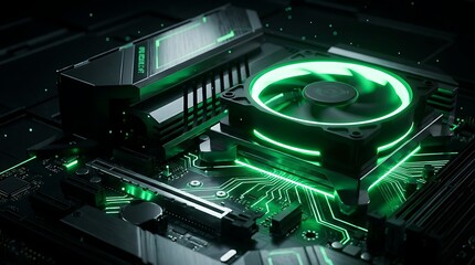 Fototapeta premium Modern computer motherboard close up featuring a powerful cpu cooling fan glowing with bright green neon led light