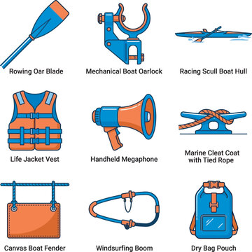 Vector flat icon set of boating gear. Features a rowing oar, oarlock, scull boat, life jacket vest, handheld megaphone, marine cleat, canvas fender, windsurfing boom, and a dry bag.