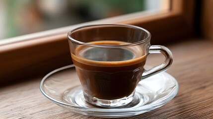 Fototapeta premium A close up shot of rich coffee in a glass mug bathed in soft morning light