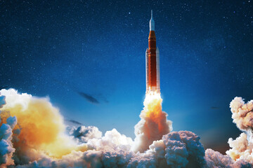 Naklejka na ściany i meble powerful space rocket launches into the starry night sky, massive clouds of smoke and fire. inspiring concept of space exploration, modern science, future cosmos travel. Spaceship lift off, creative