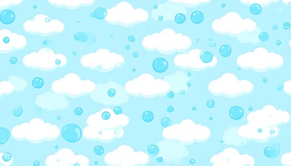 Fototapeta premium Soft White Clouds Floating on Bright Blue Sky Background with Bubbles