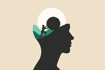 Sisyphus Struggle with Hard Work, Progress and Victory Concept Illustration © Snezana