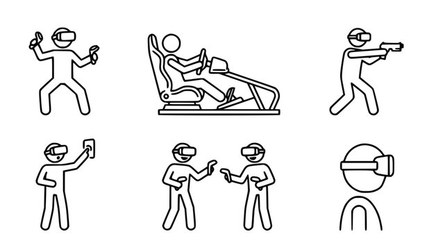 Virtual Reality Gaming Icon Set with Users Wearing VR Headsets, Driving Simulator, Shooting Game, and Cyberspace Technology Symbols in Line Art Style