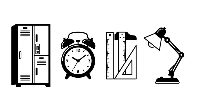 Locker, alarm clock, drawing tools, and desk lamp are arranged in a horizontal row to represent school supplies.