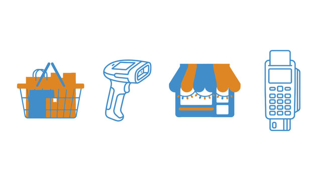 Retail shopping icons including a shopping basket, barcode scanner, storefront, and credit card terminal are illustrated to represent modern commerce and payment processes.