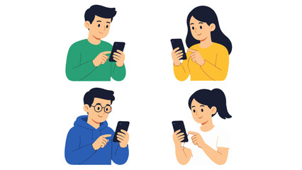 Fototapeta premium Four people using smartphones in flat vector illustration set