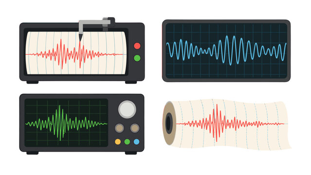 Set of waveform monitors and seismograph paper roll vector