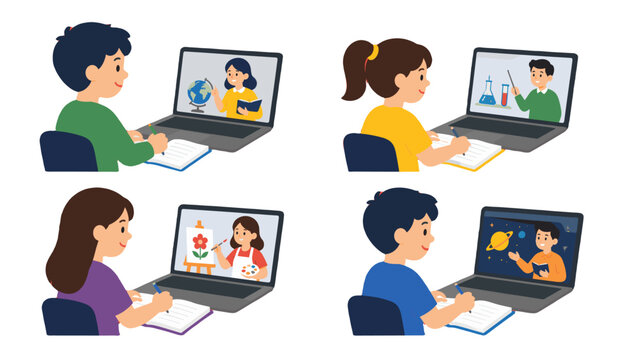 Children attending online lessons on laptops in flat vector style