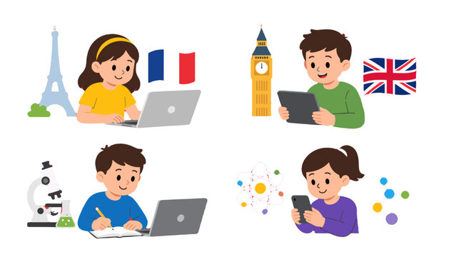 Children learning languages and science online with devices
