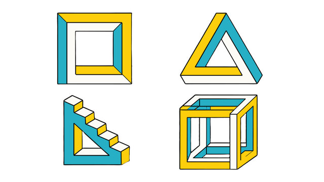 Impossible geometric shapes set with square triangle stairs and cube