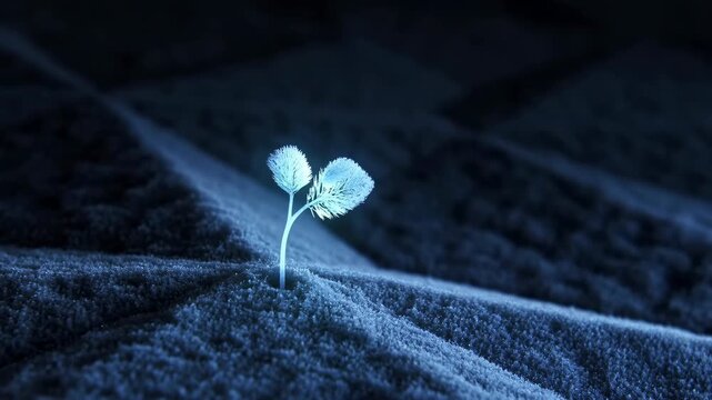 3D animation of a glowing plant sprout growing from dark soil