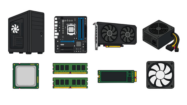 Vector set of desktop computer hardware components